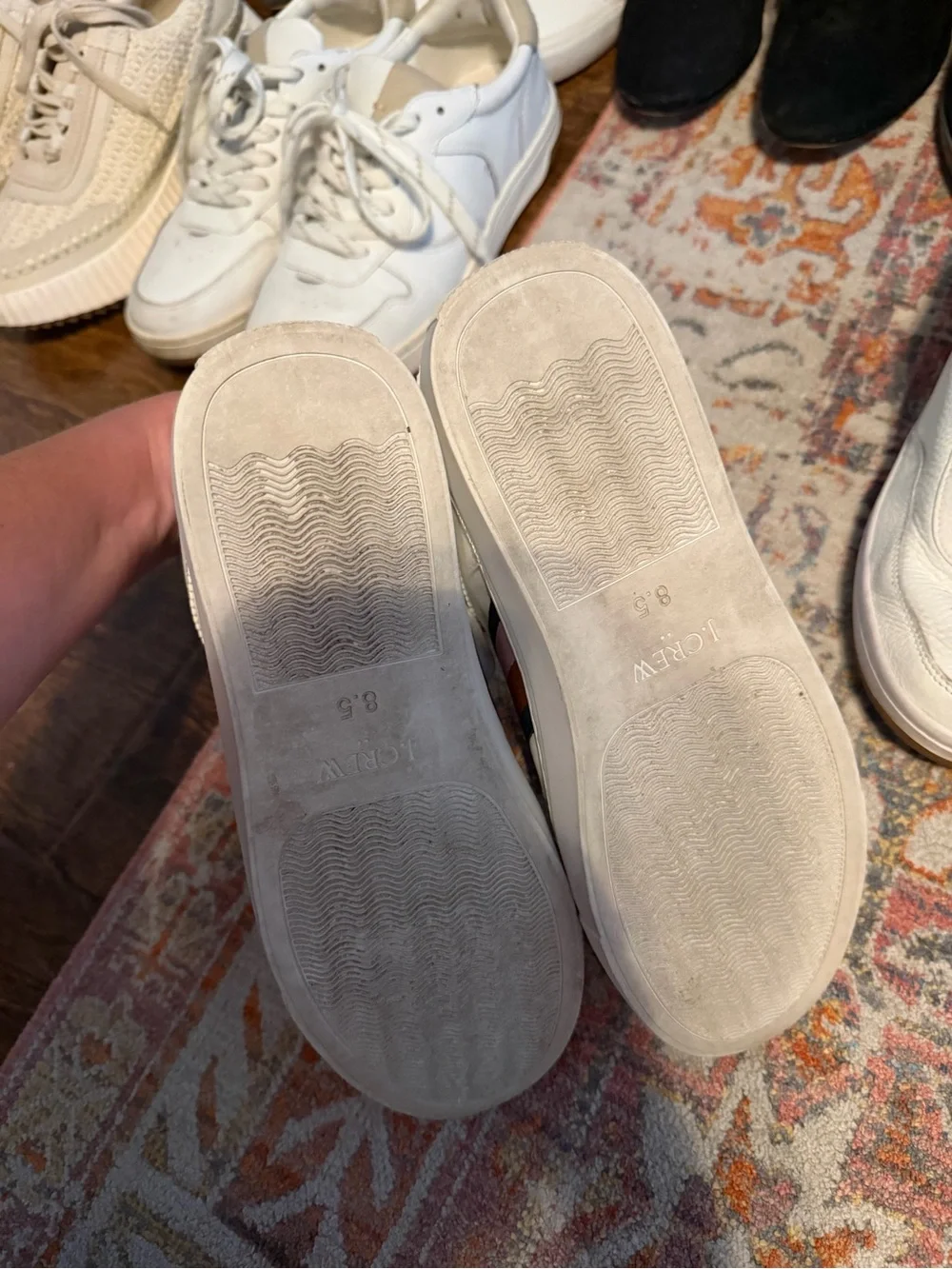 J. Crew Factory White Sneakers with Pink Heel and Multi-Stripe Detail